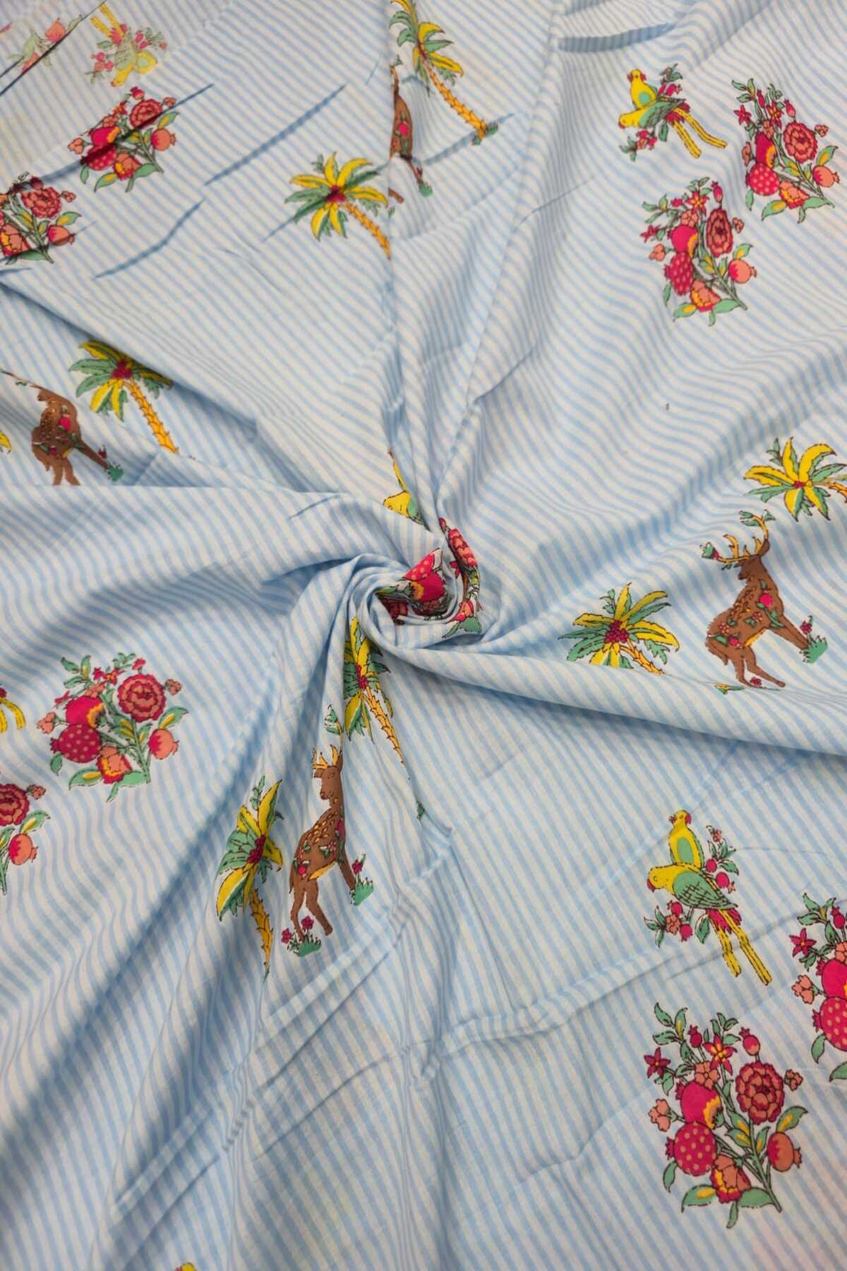 Self Horizontal Striped Cotton Fabric With Playful Deers,Plam Trees & Birds PrInted Border