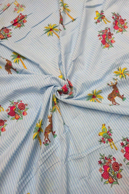 Self Horizontal Striped Cotton Fabric With Playful Deers,Plam Trees & Birds PrInted Border
