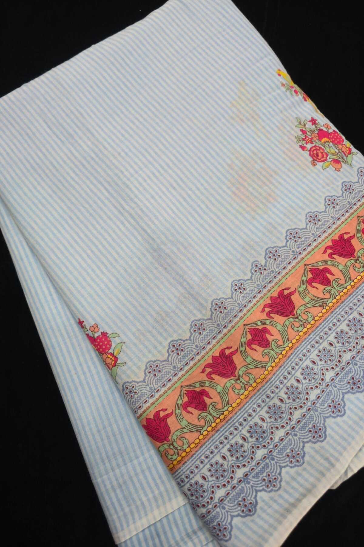 Self Horizontal Striped Cotton Fabric With Playful Deers,Plam Trees & Birds PrInted Border