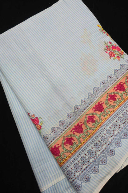 Self Horizontal Striped Cotton Fabric With Playful Deers,Plam Trees & Birds PrInted Border