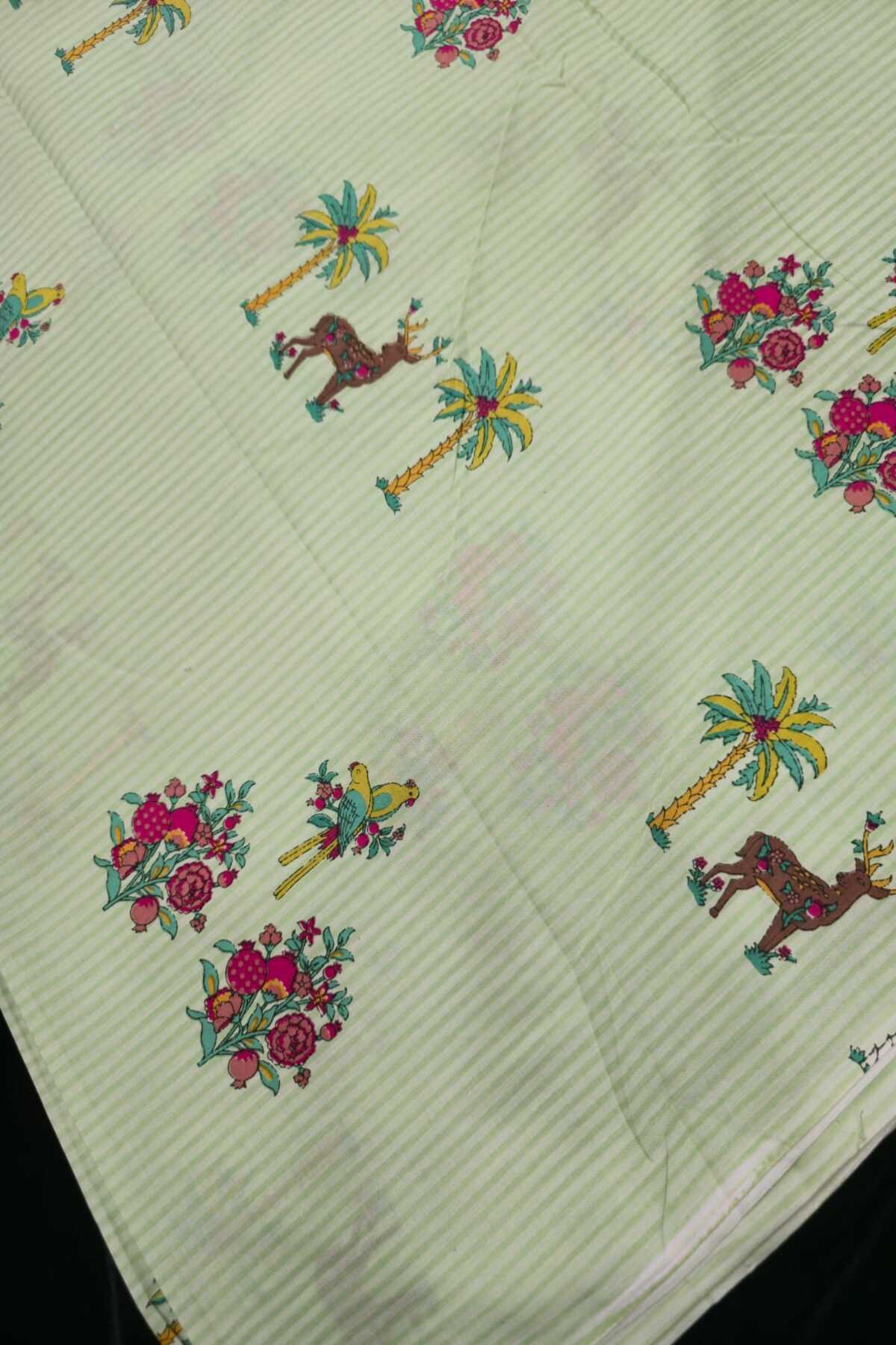Self Horizontal Striped Cotton Fabric With Playful Deers,Plam Trees & Birds PrInted Border