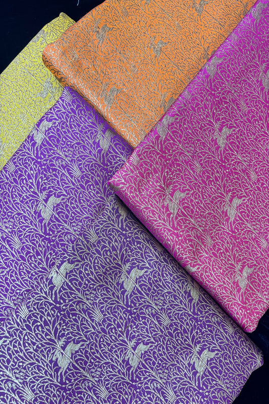 Reindeers Forest Themed Woven With Antiq Zari Katan Satin Banaras Fabric
