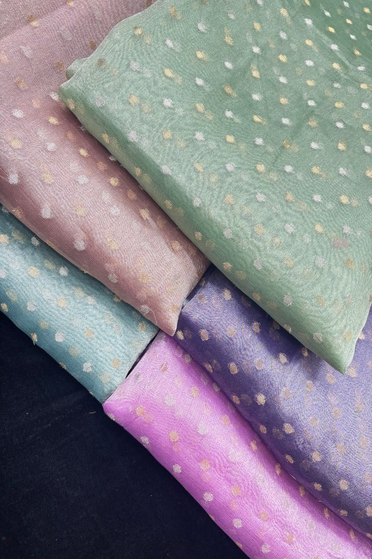 Gold & Silver Polka Dots Zari Woven Pure Organza Tissue Fabric