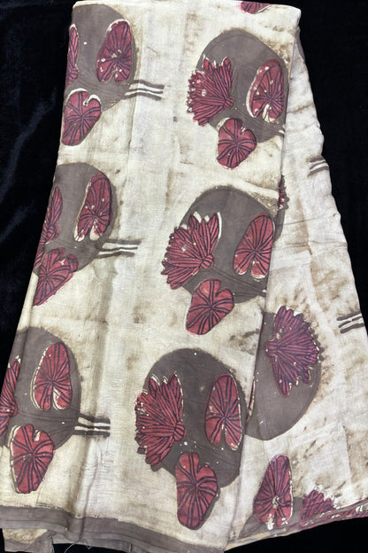 Pomegranate Peel Lotus Motif Block Printed Pure Modal Satin Fabric