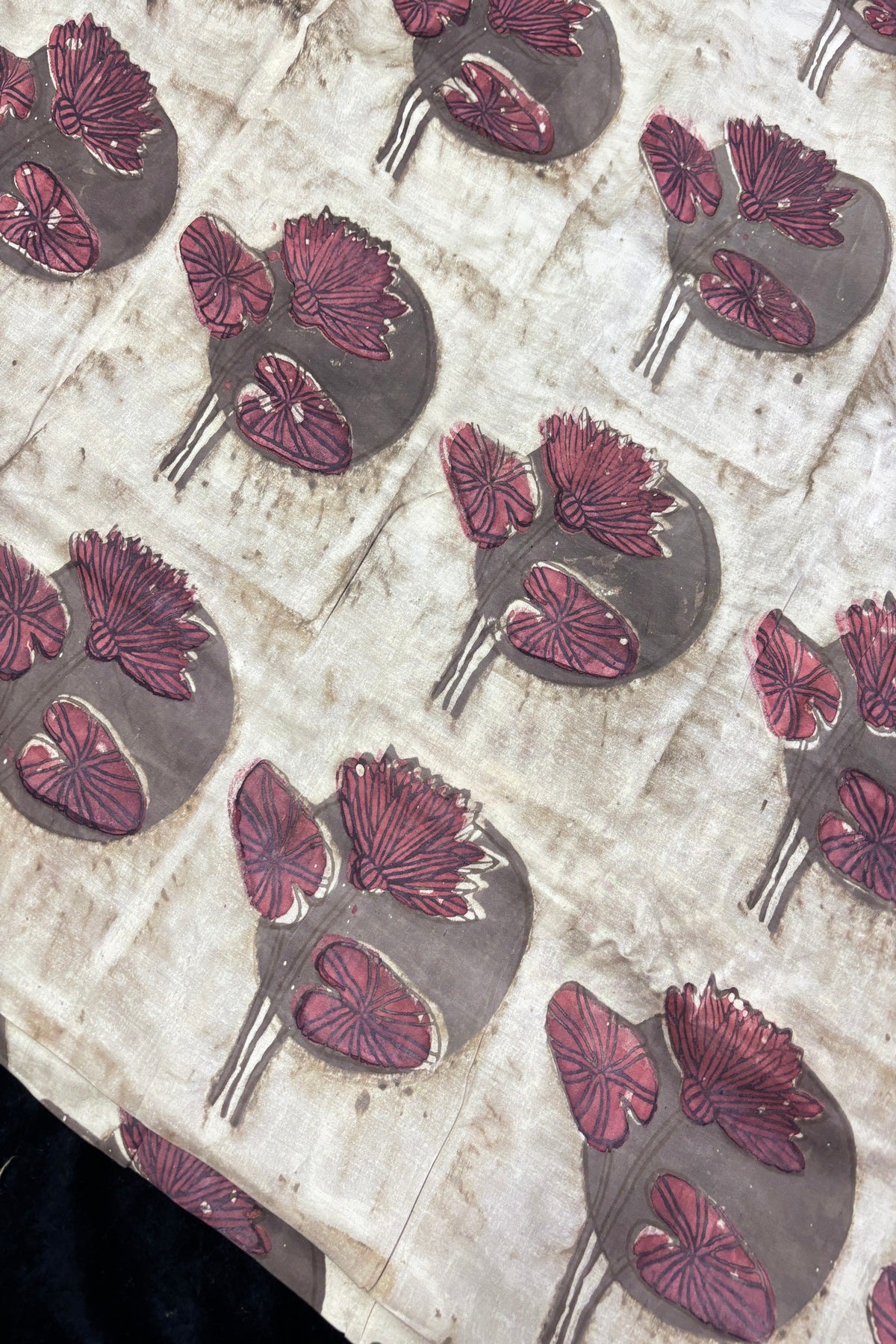 Pomegranate Peel Lotus Motif Block Printed Pure Modal Satin Fabric
