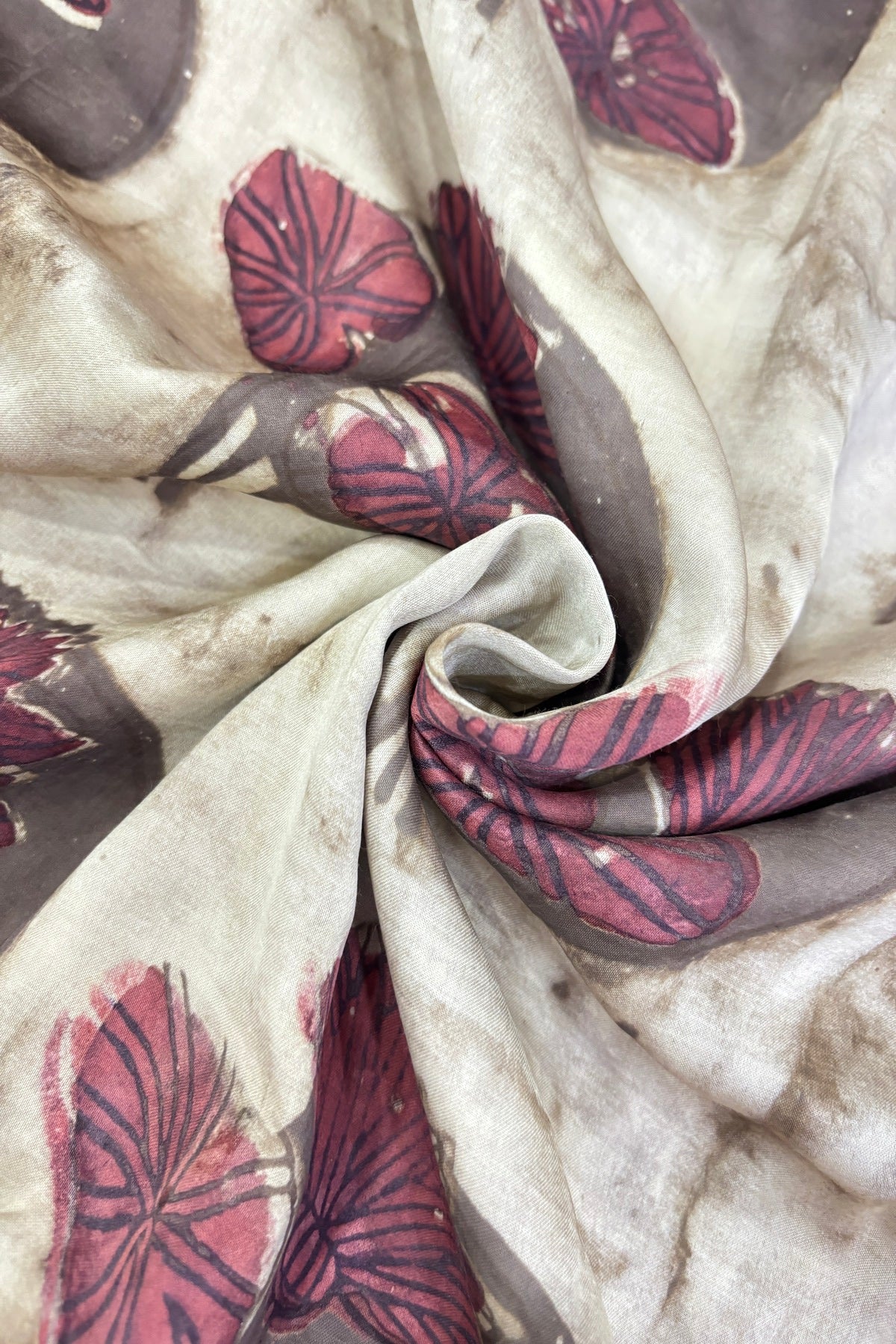 Pomegranate Peel Lotus Motif Block Printed Pure Modal Satin Fabric