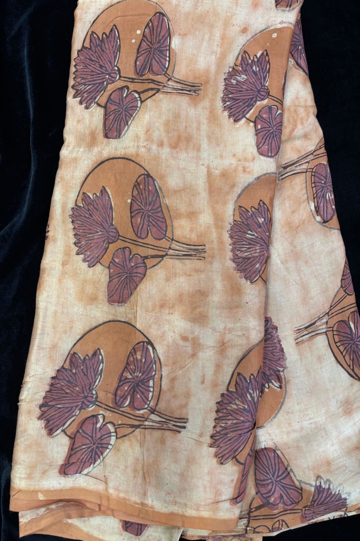 Pomegranate Peel Lotus Motif Block Printed Pure Modal Satin Fabric