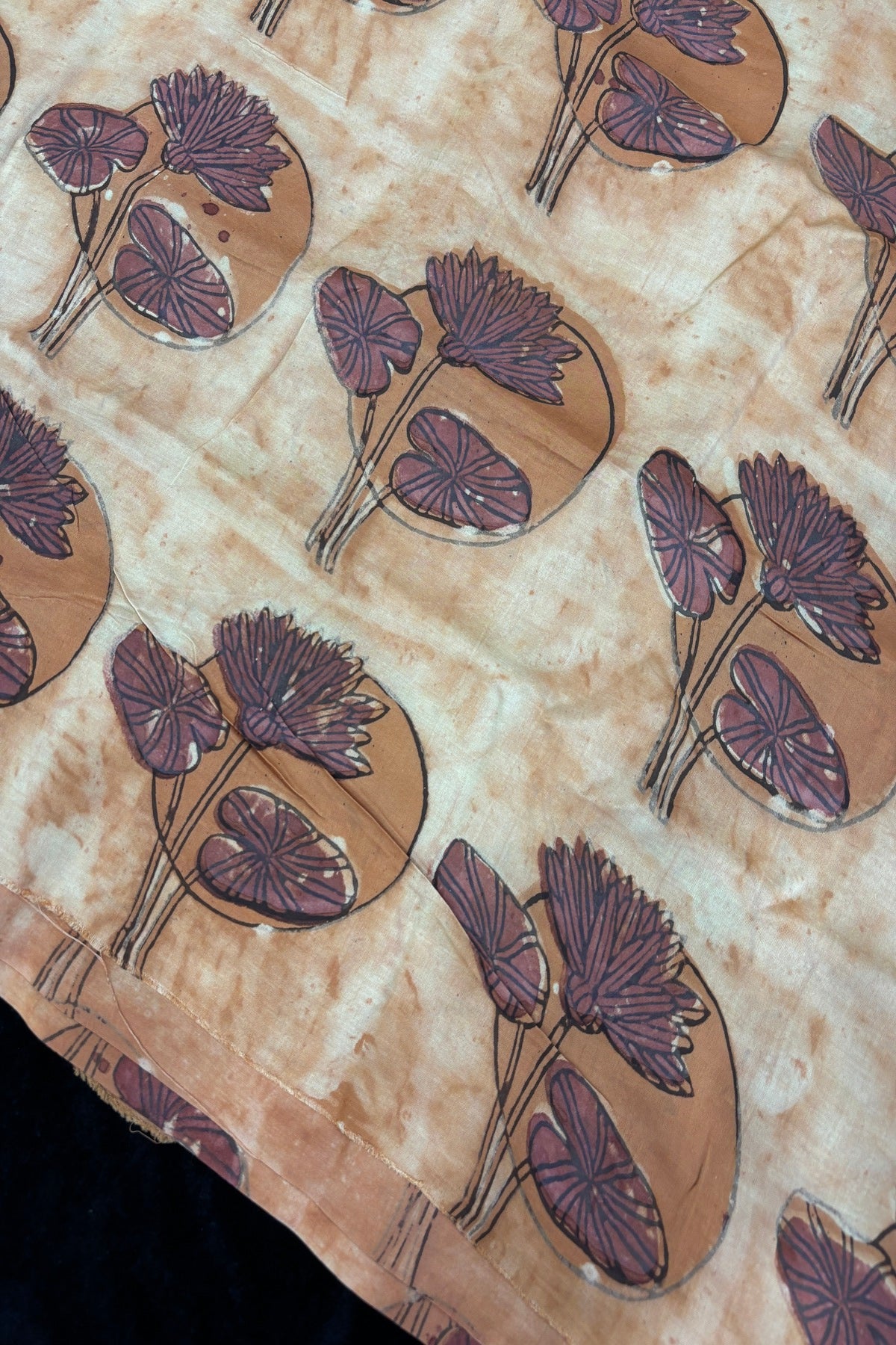 Pomegranate Peel Lotus Motif Block Printed Pure Modal Satin Fabric