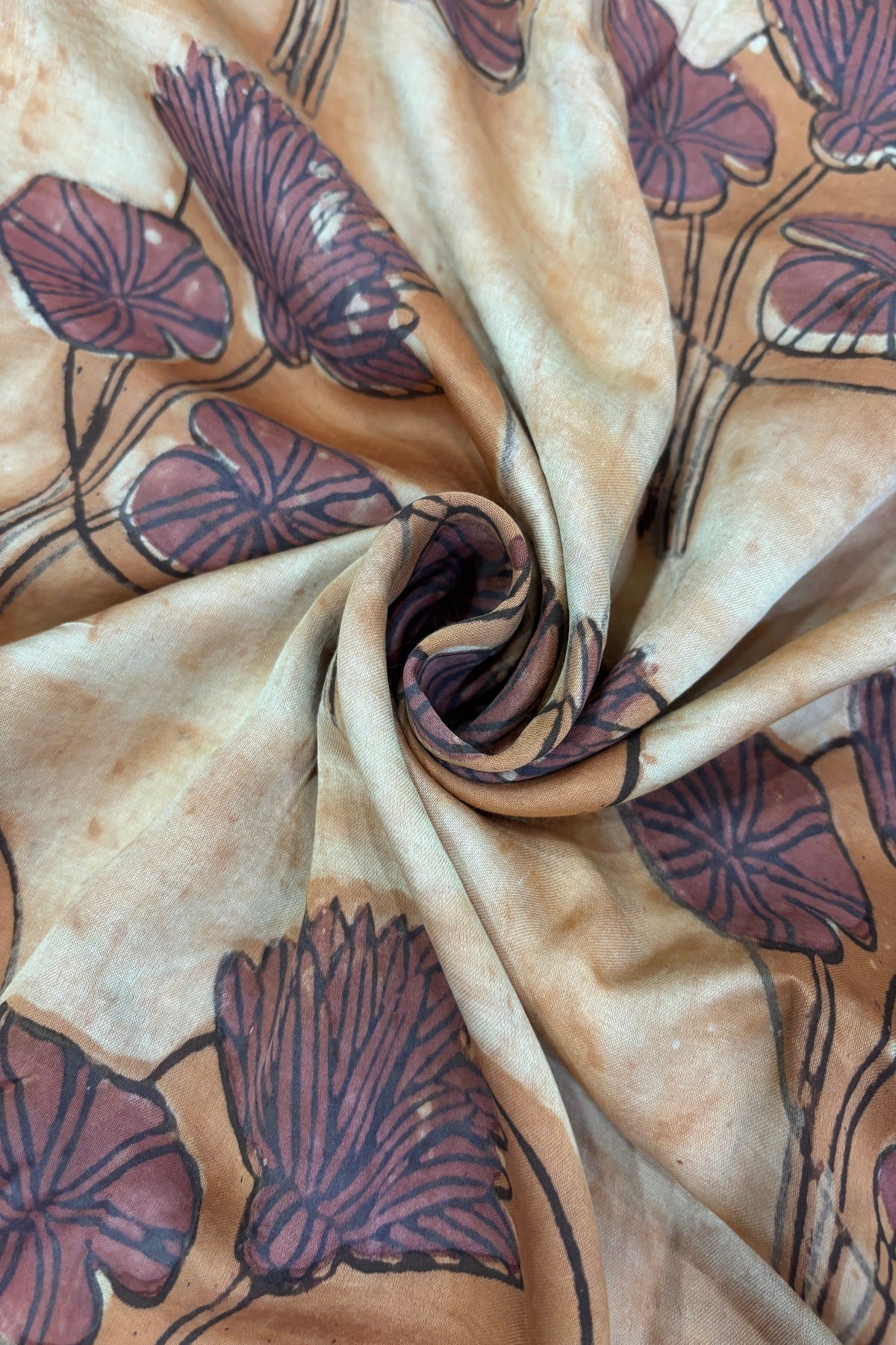 Pomegranate Peel Lotus Motif Block Printed Pure Modal Satin Fabric