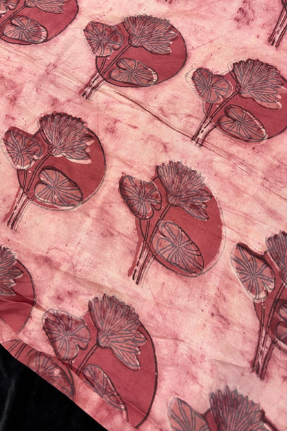 Pomegranate Peel Lotus Motif Block Printed Pure Modal Satin Fabric