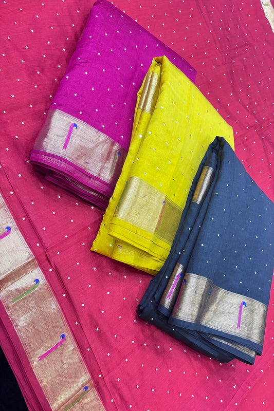 Mirror Worked Pure Banaras Chiniya Silk Fabric With Single Muniya Paithani Border