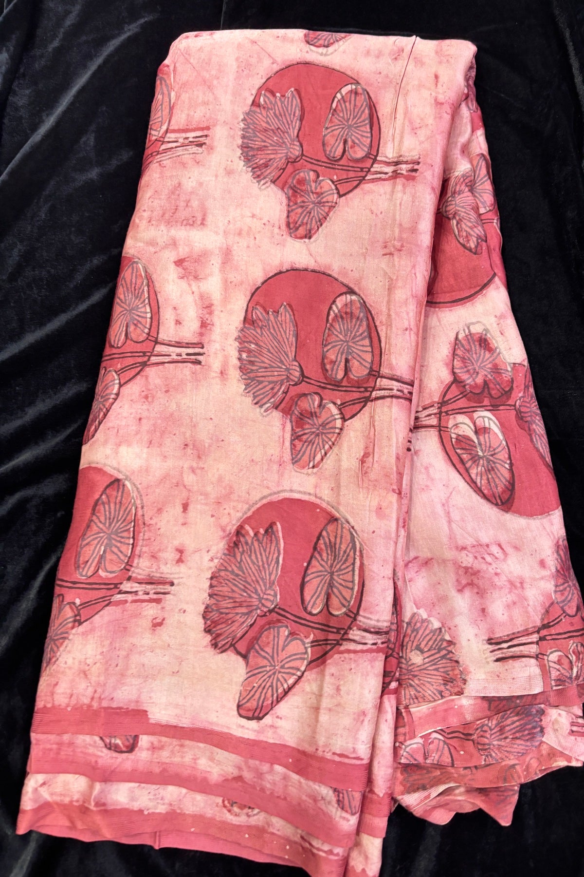 Pomegranate Peel Lotus Motif Block Printed Pure Modal Satin Fabric