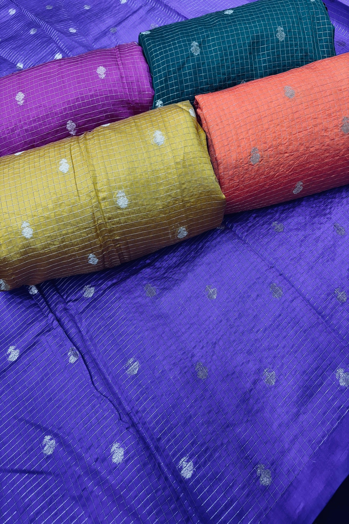 Pure Banaras Silk Fabric With Half Inch Zari Chex & Floral Motifs