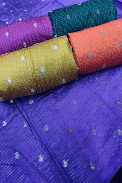 Pure Banaras Silk Fabric With Half Inch Zari Chex & Floral Motifs