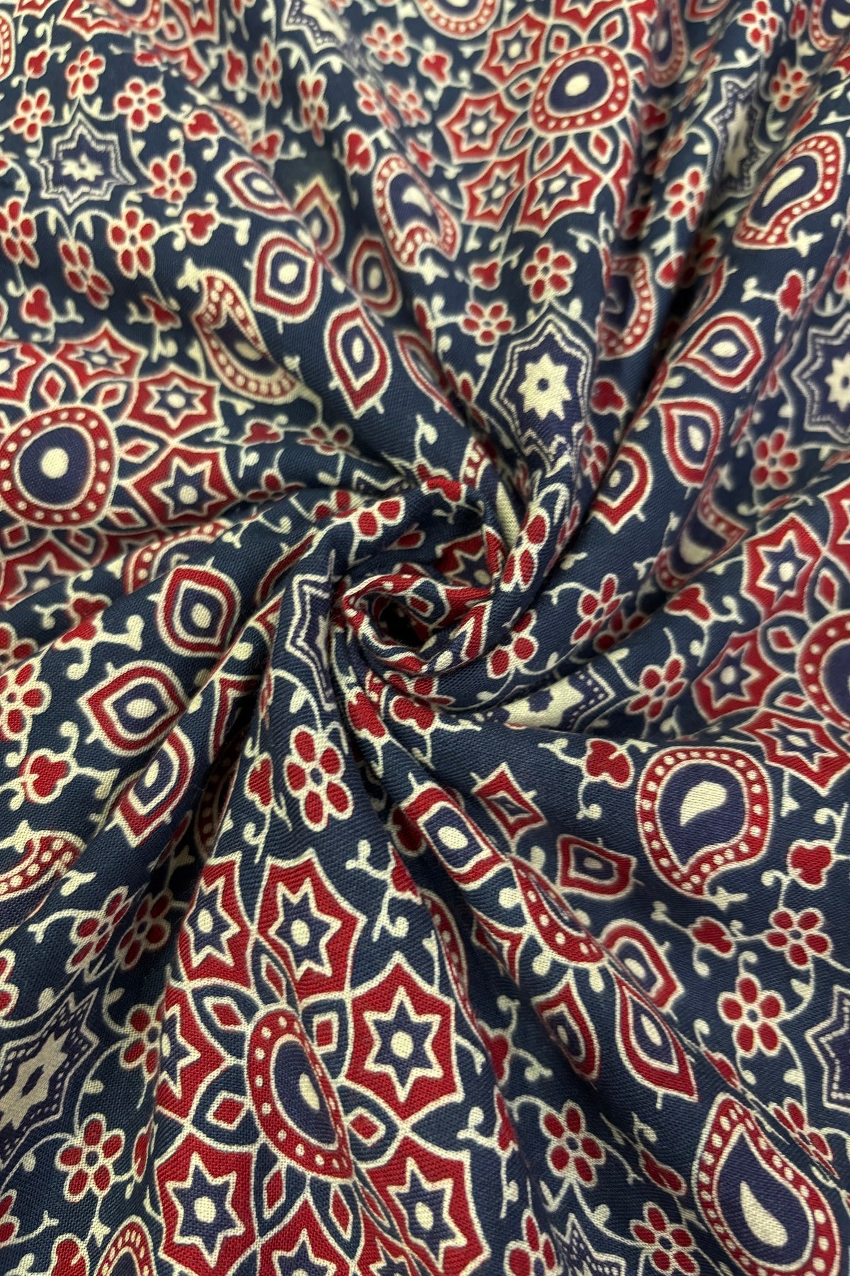 Geometric Ajrak Inspired Hand Block Printed Rayon Fabric