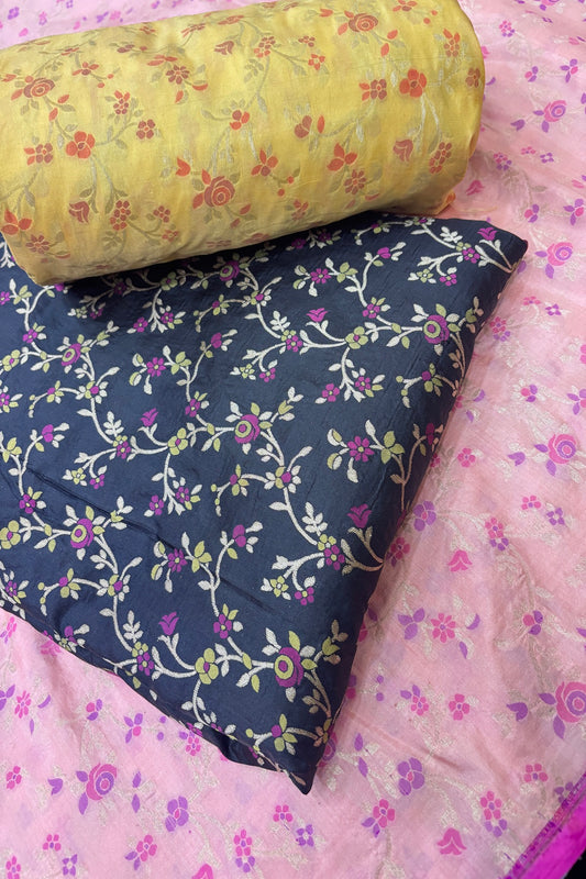 Silver Zari Jaal With Multi Floral Woven Pure Katan Silk Fabric