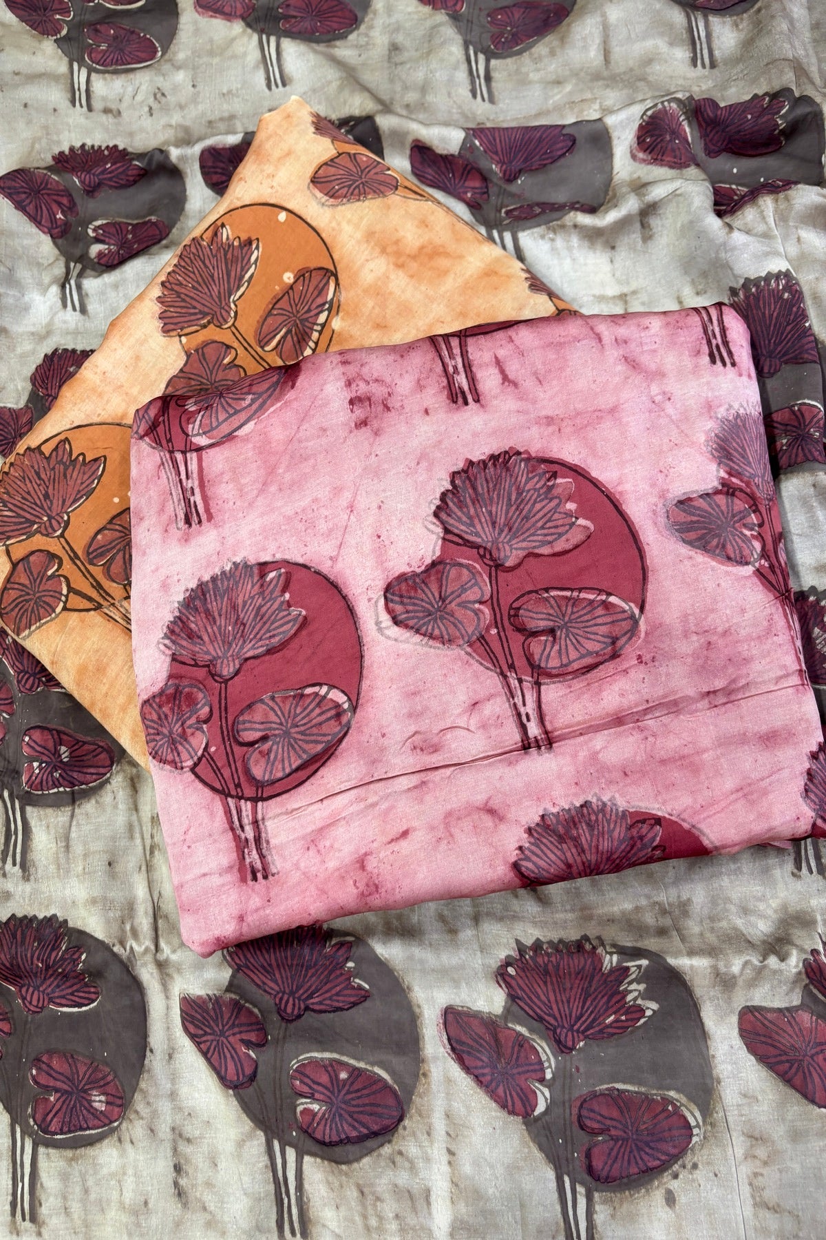 Pomegranate Peel Lotus Motif Block Printed Pure Modal Satin Fabric