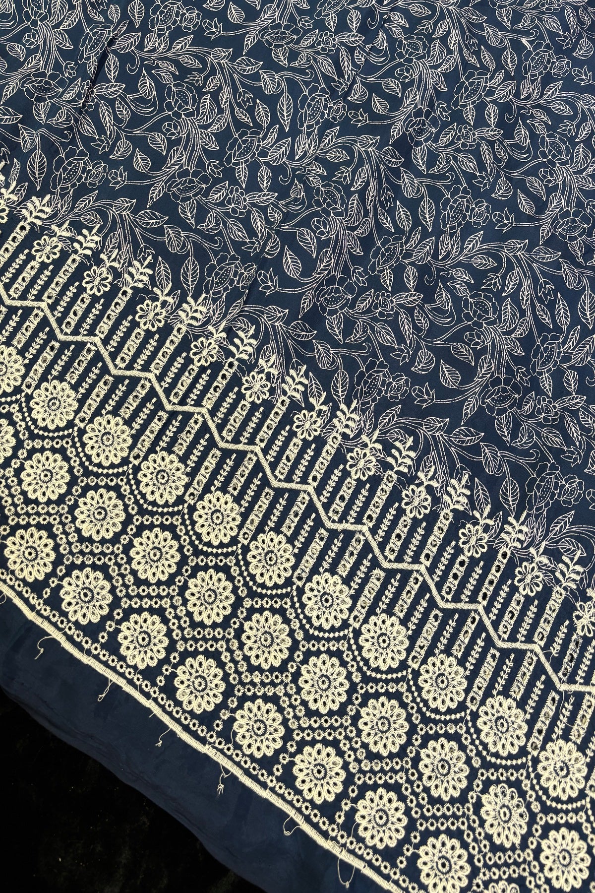 Floral Vine Prints With Schiffli Worked Border Modal Satin Fabric