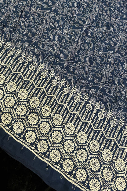 Floral Vine Prints With Schiffli Worked Border Modal Satin Fabric