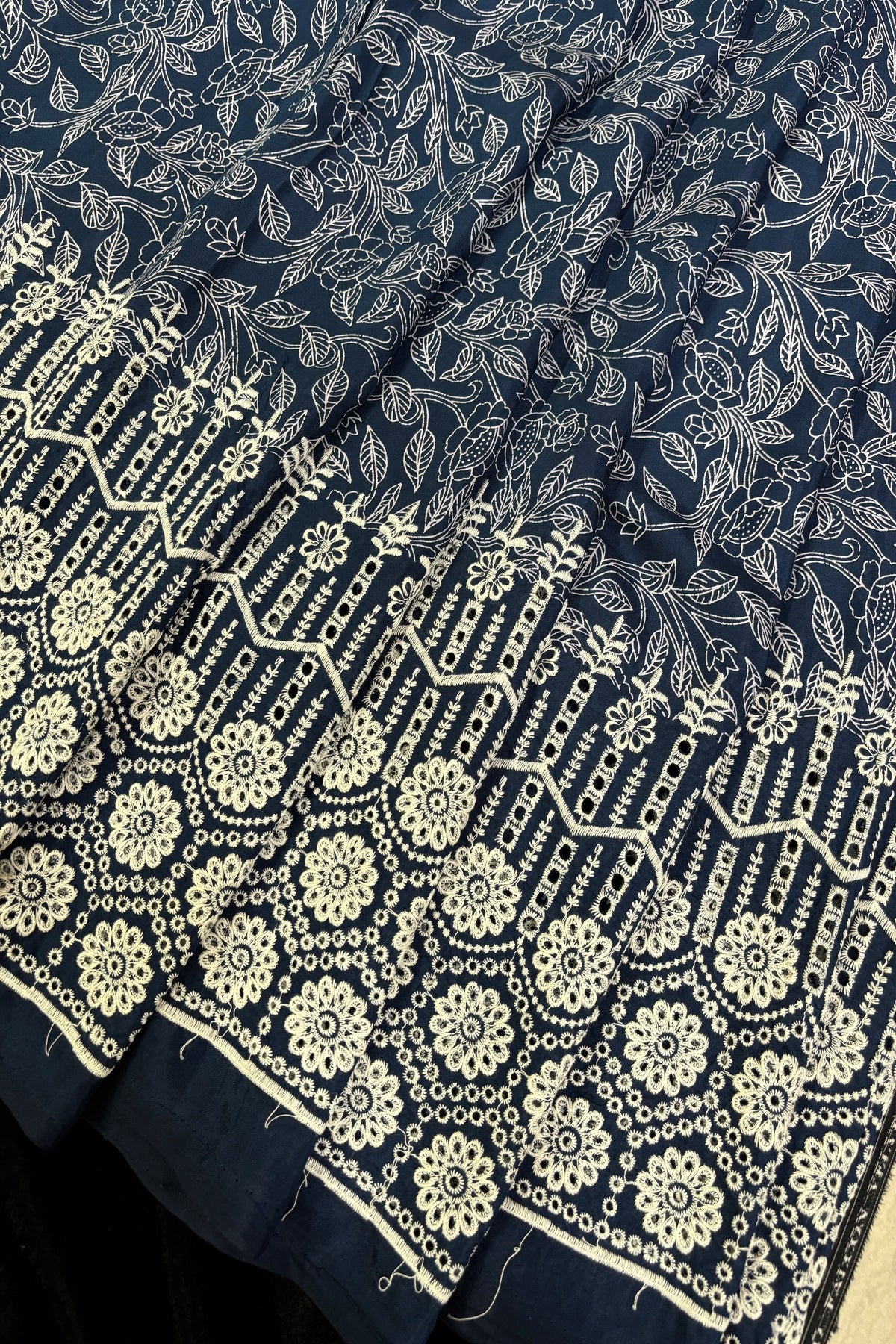 Floral Vine Prints With Schiffli Worked Border Modal Satin Fabric