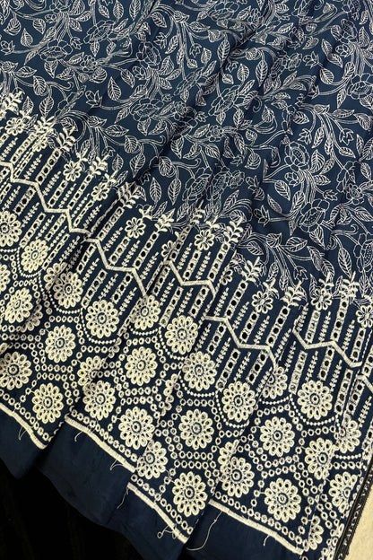 Floral Vine Prints With Schiffli Worked Border Modal Satin Fabric