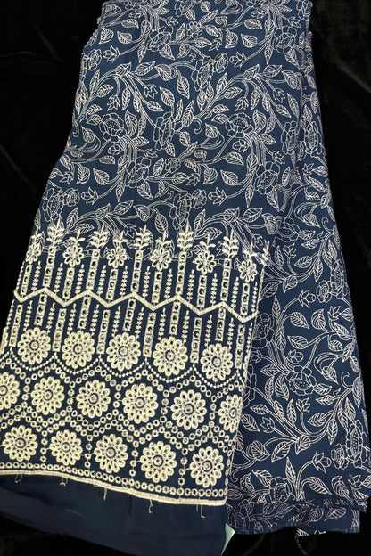 Floral Vine Prints With Schiffli Worked Border Modal Satin Fabric