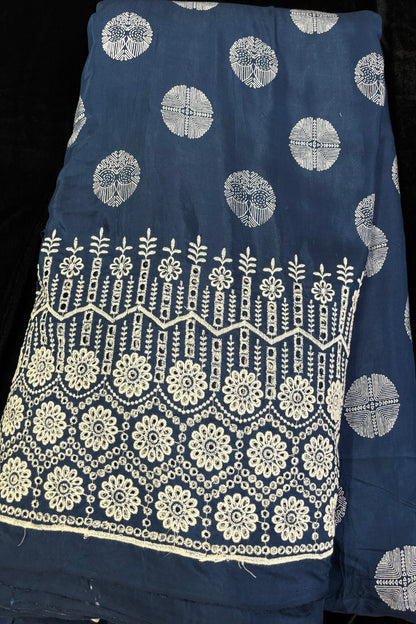 Geometric Floral Prints With Schiffli Worked Border Modal Satin Fabric
