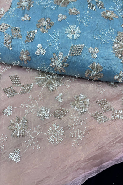Glass Tissue Fabric Embroidered Floral Bunches With Cut Beads & Sequins