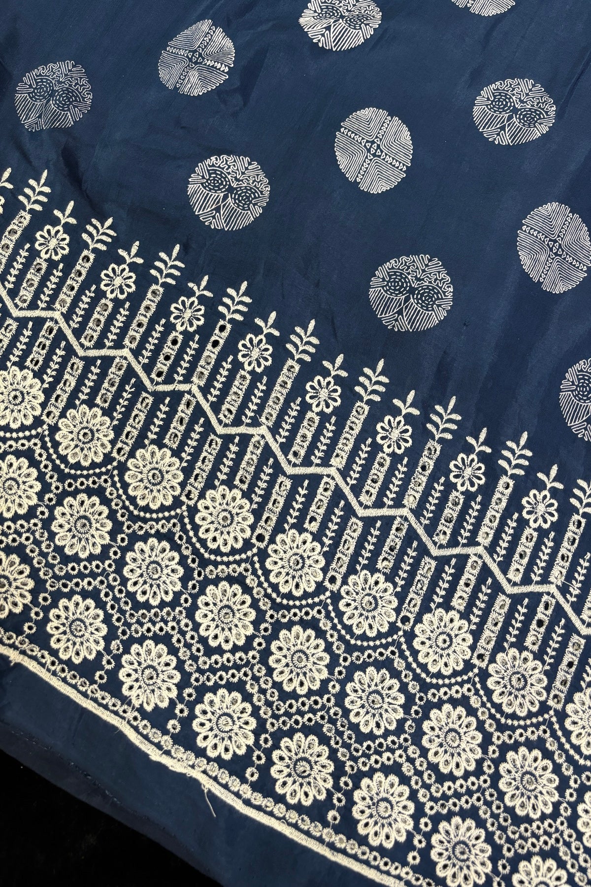 Geometric Floral Prints With Schiffli Worked Border Modal Satin Fabric