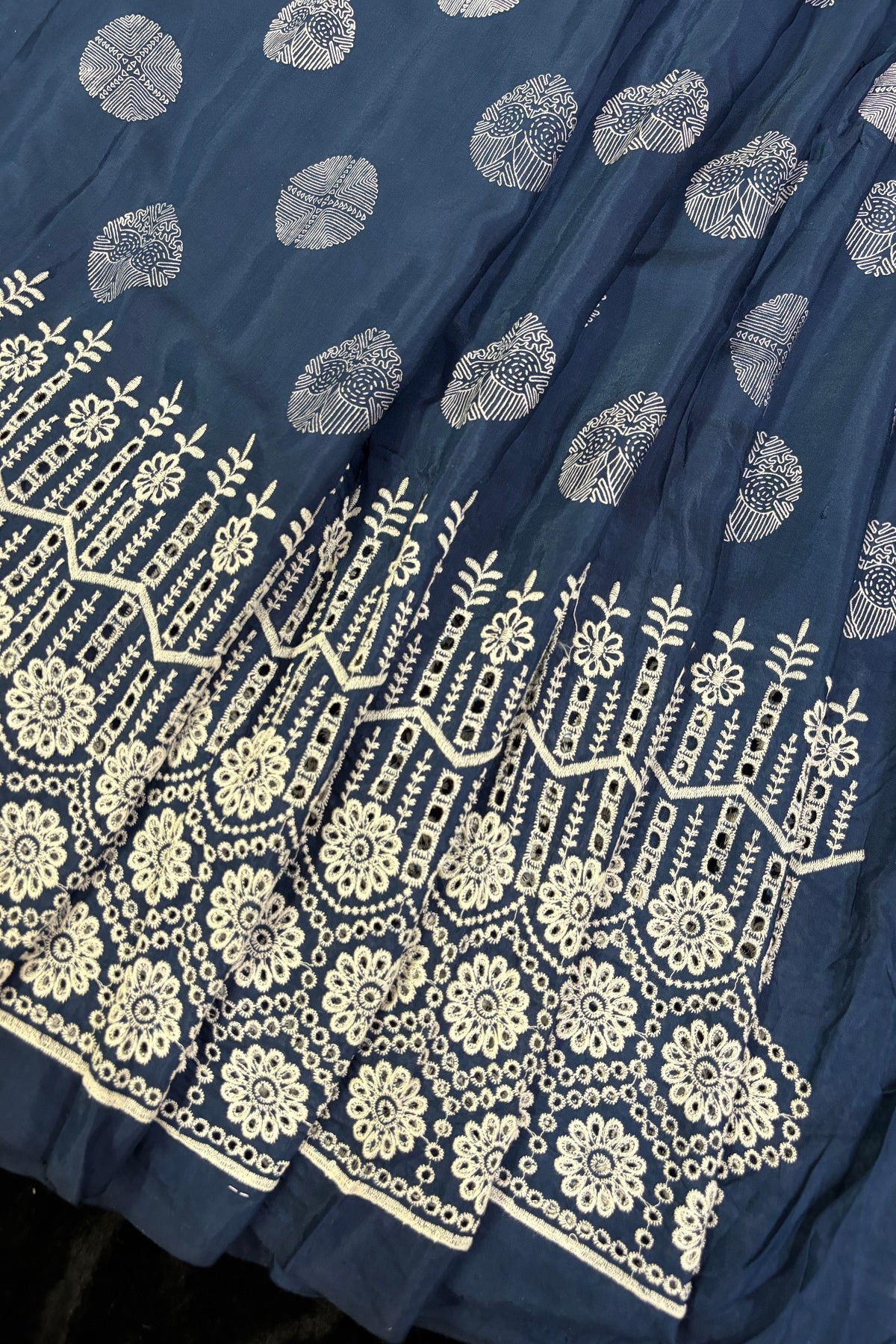Geometric Floral Prints With Schiffli Worked Border Modal Satin Fabric