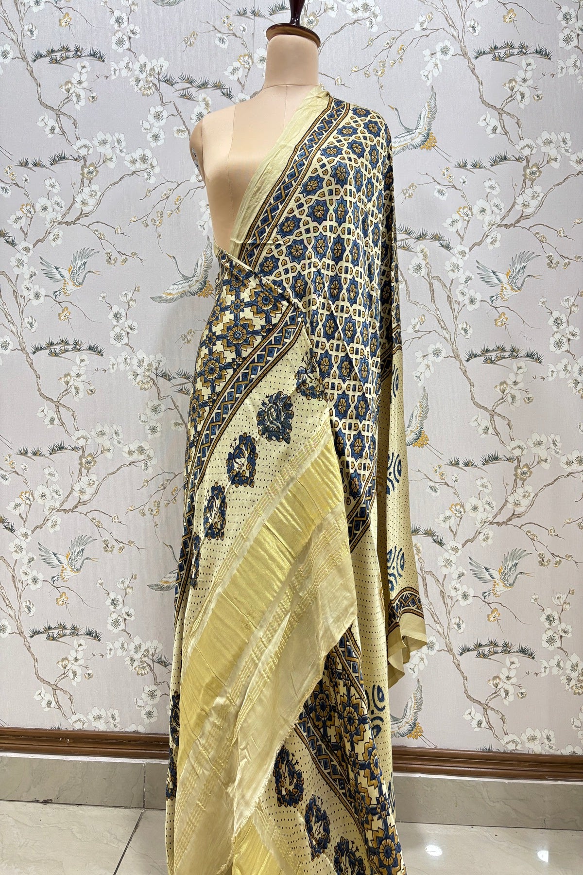 Geometrical Traditional & Polka Printed Off White Ajrak Modal Satin  Dupatta