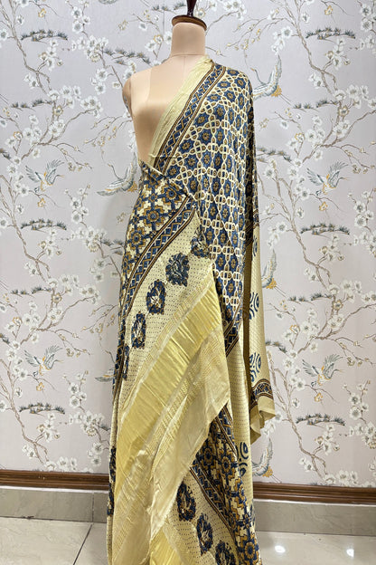 Geometrical Traditional & Polka Printed Off White Ajrak Modal Satin  Dupatta