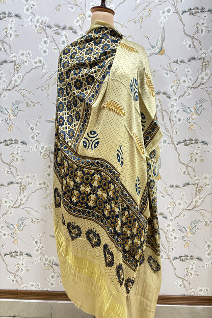 Geometrical Traditional & Polka Printed Off White Ajrak Modal Satin  Dupatta