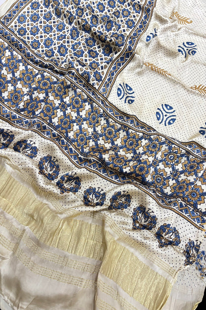 Geometrical Traditional & Polka Printed Off White Ajrak Modal Satin  Dupatta