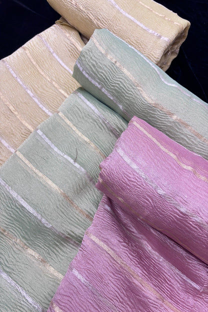 Crushed Banaras Organza Tissue Fabric With Horizontal Silver & Gold Zari Woven Lines