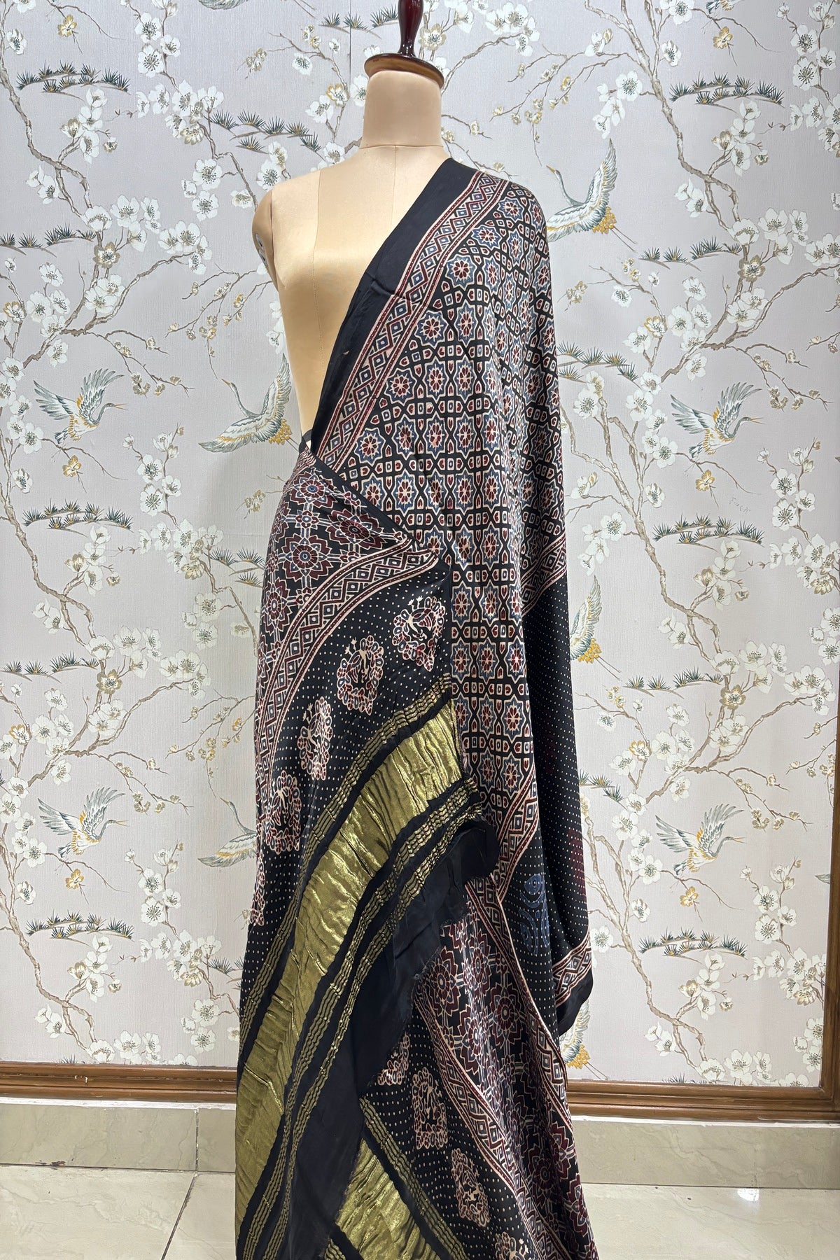 Geometrical Traditional & Polka Printed Black Ajrak Modal Satin Dupatta