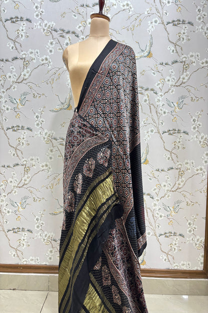 Geometrical Traditional & Polka Printed Black Ajrak Modal Satin Dupatta