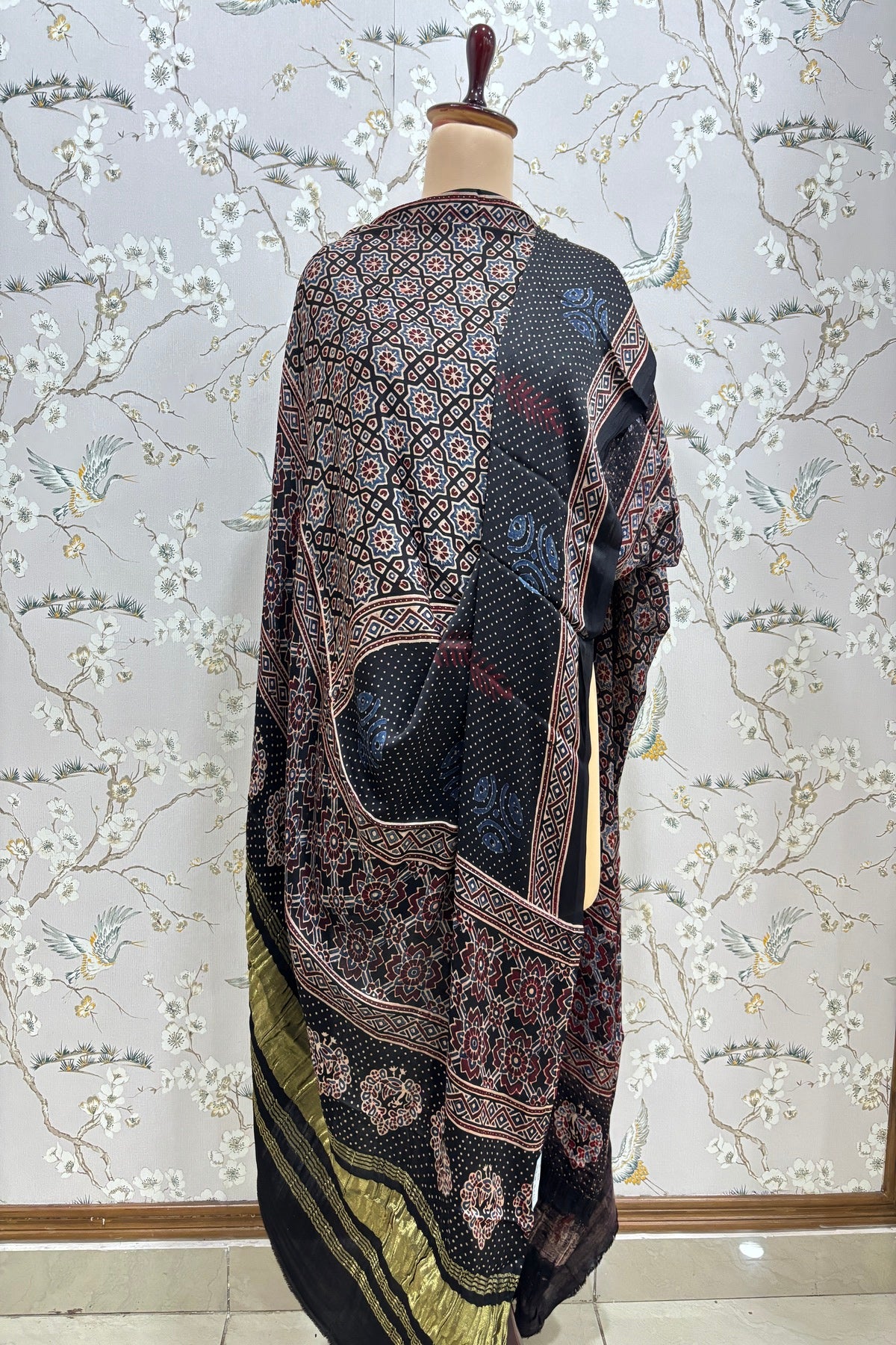 Geometrical Traditional & Polka Printed Black Ajrak Modal Satin Dupatta
