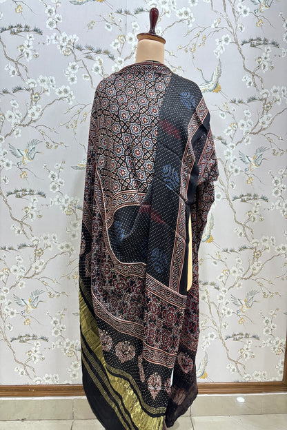 Geometrical Traditional & Polka Printed Black Ajrak Modal Satin Dupatta