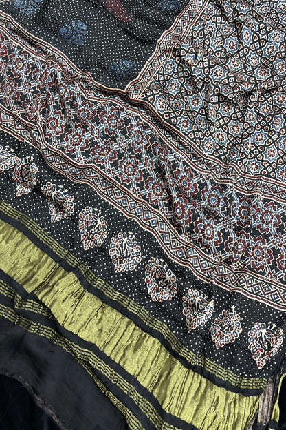 Geometrical Traditional & Polka Printed Black Ajrak Modal Satin Dupatta
