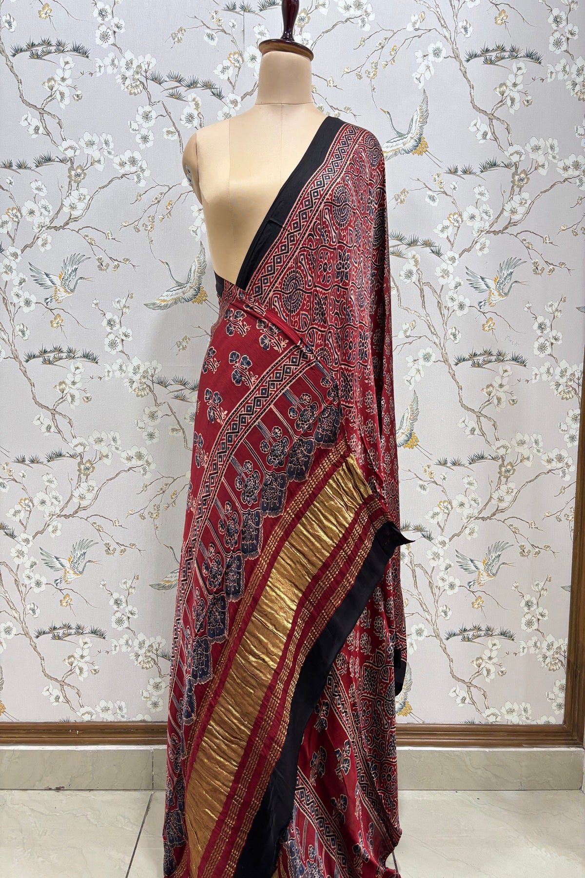 Madder Red Traditional Floral Prints With Geometric Layout Ajrak Printed Modal Satin Dupatta