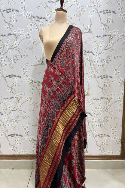 Madder Red Traditional Floral Prints With Geometric Layout Ajrak Printed Modal Satin Dupatta