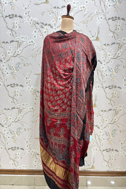 Madder Red Traditional Floral Prints With Geometric Layout Ajrak Printed Modal Satin Dupatta