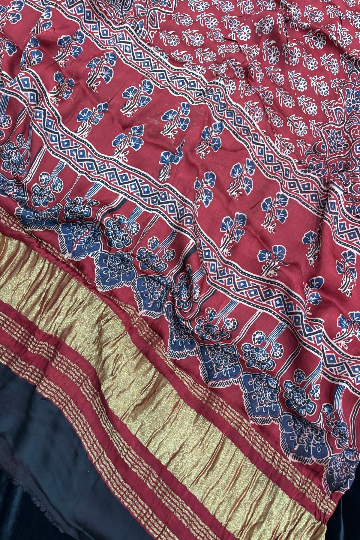 Madder Red Traditional Floral Prints With Geometric Layout Ajrak Printed Modal Satin Dupatta