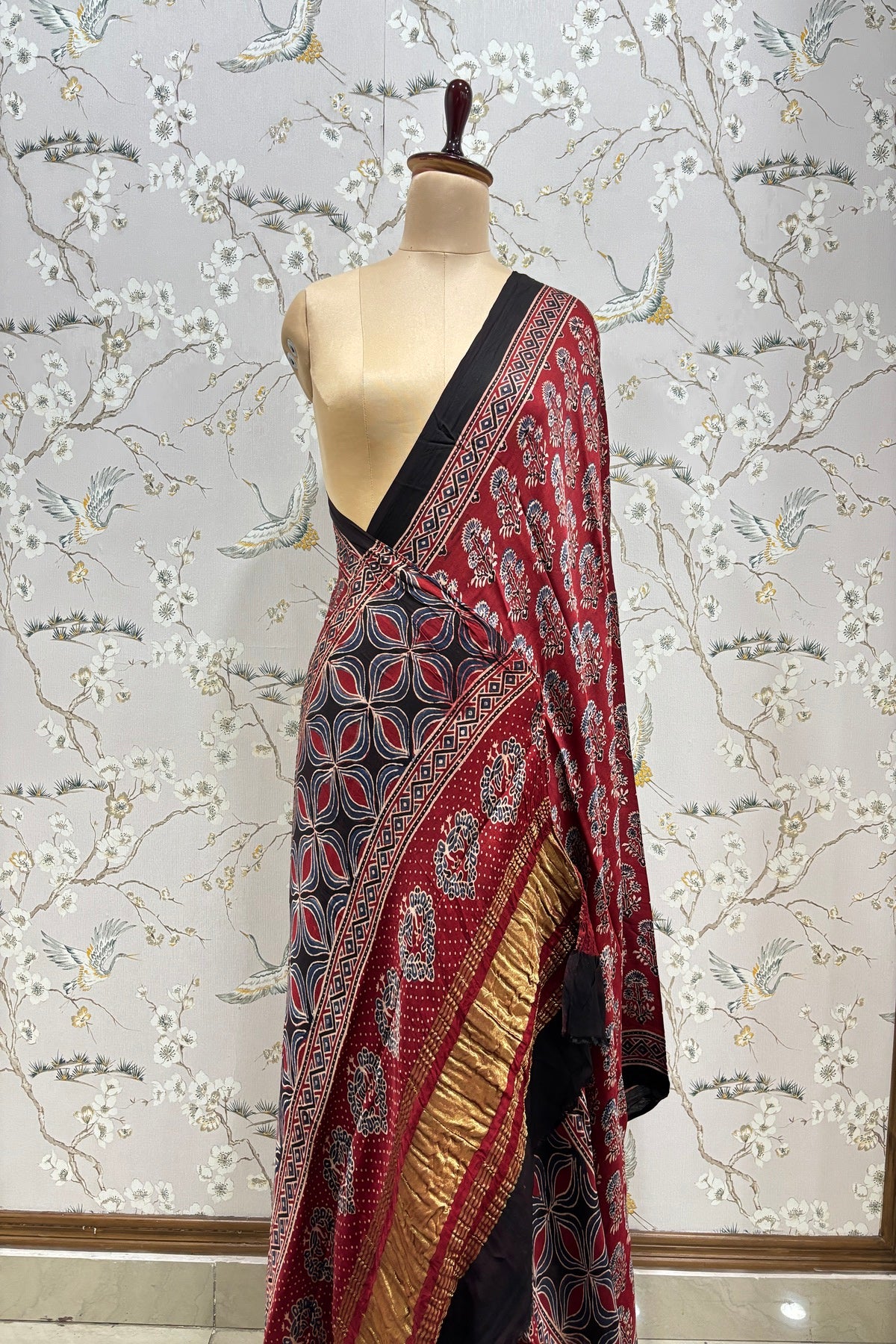 Traditional Floral  Printed Madder Red Ajrak Modal Satin  Dupatta