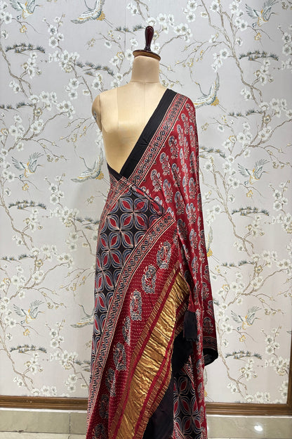 Traditional Floral  Printed Madder Red Ajrak Modal Satin  Dupatta