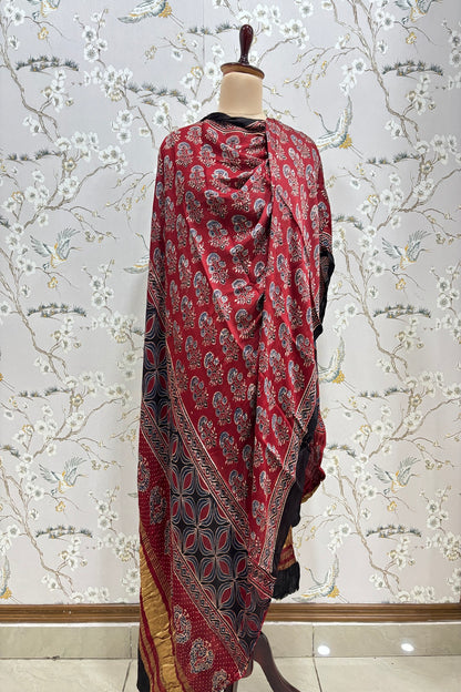 Traditional Floral  Printed Madder Red Ajrak Modal Satin  Dupatta