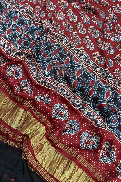 Traditional Floral  Printed Madder Red Ajrak Modal Satin  Dupatta