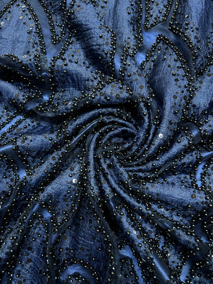Branched Floral  Dual Tone Beads & Sequins Appliqué Embroidered Net Fabric