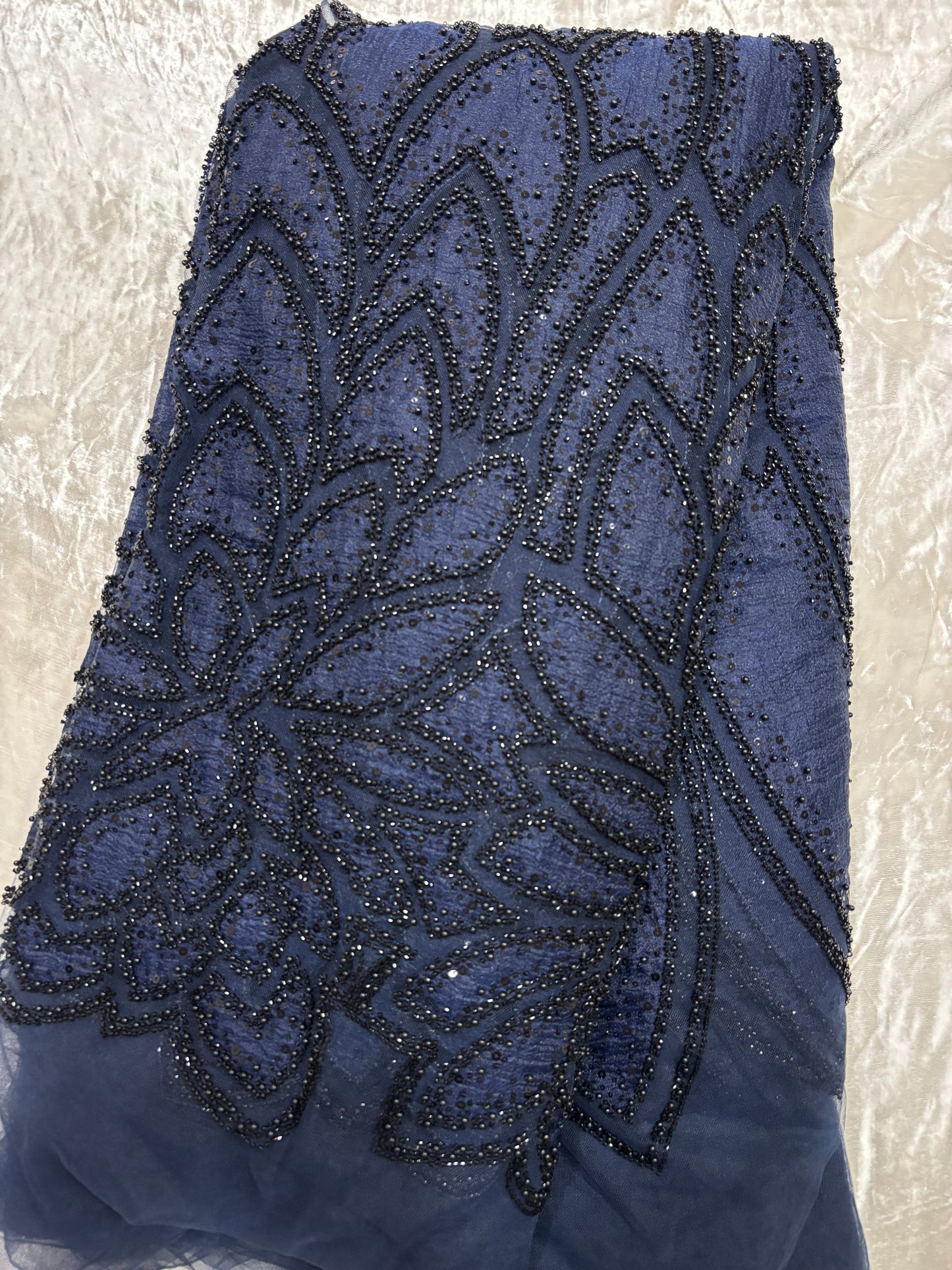 Branched Floral  Dual Tone Beads & Sequins Appliqué Embroidered Net Fabric